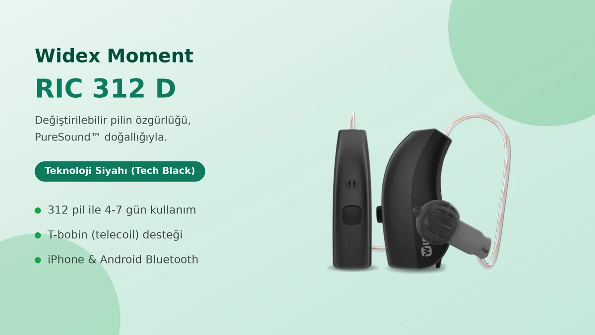 Widex Moment RIC 312 D pilli RIC işitme cihazı Teknoloji Siyahı rengi