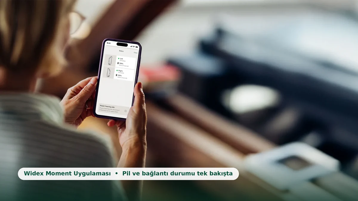 Widex Moment uygulaması pil ve bağlantı durumu ekranı